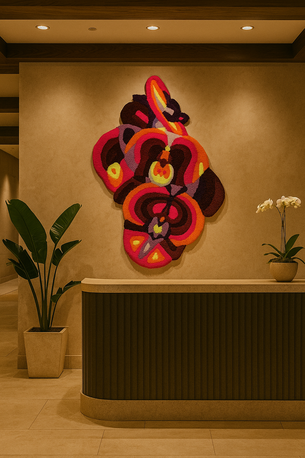 Decorative wall art piece on a beige wall with a plant and flower pot below.
