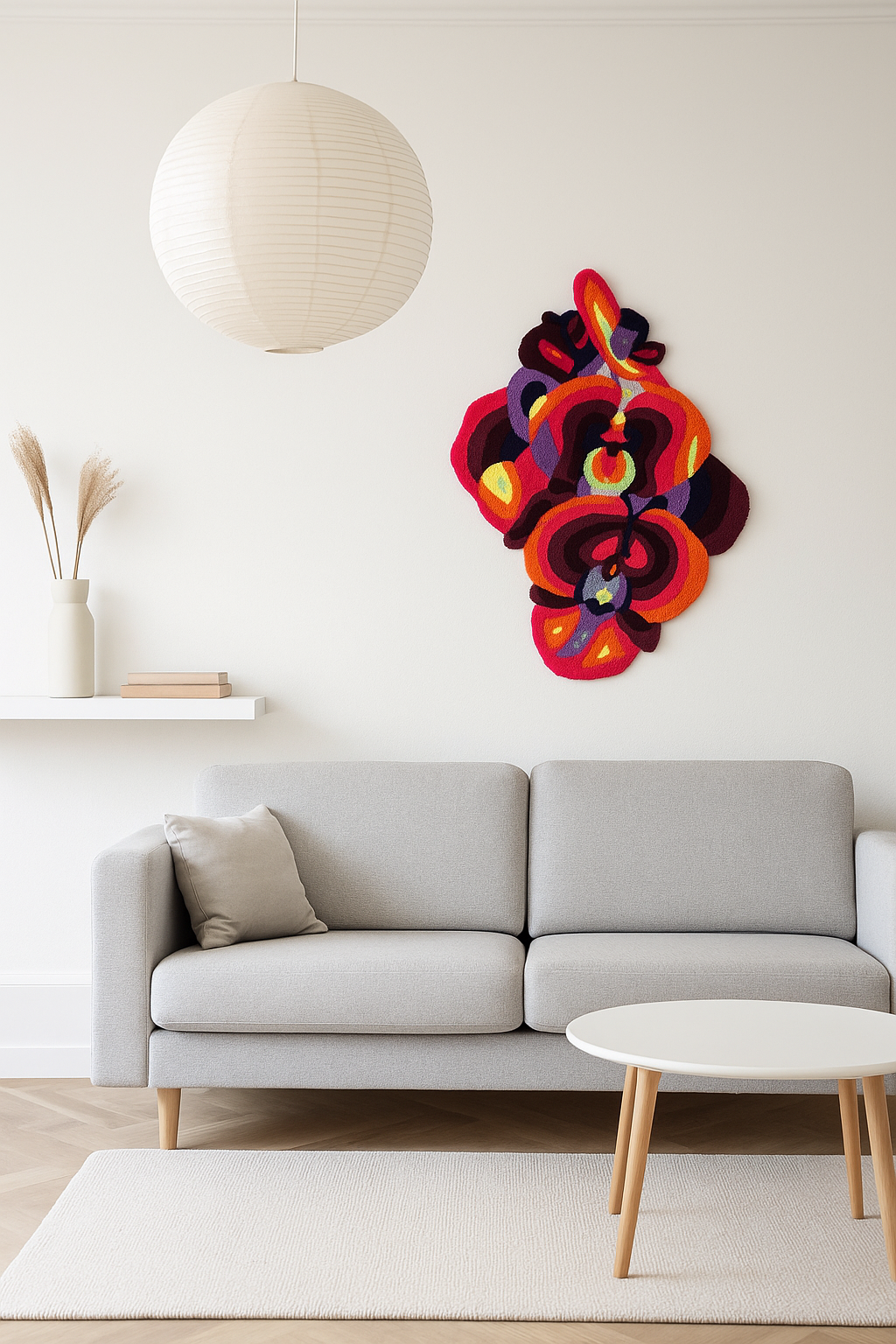 Modern living room with a colorful abstract wall art piece above a gray sofa.