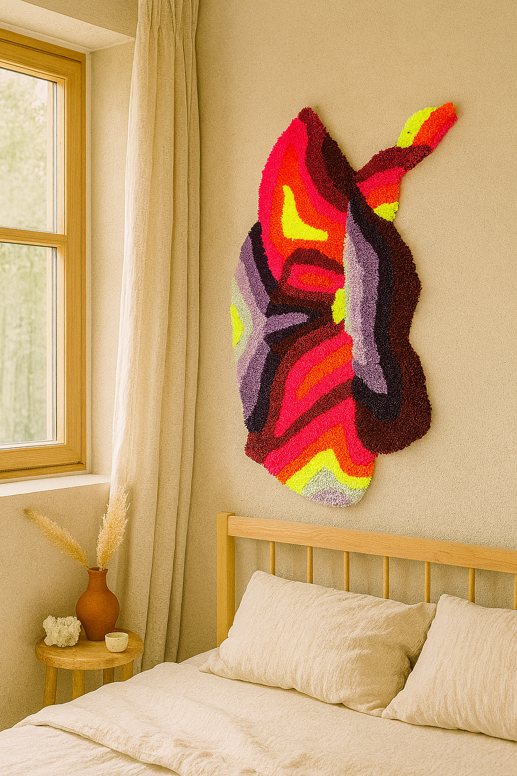 Colorful wall rug art above a bed in a bedroom