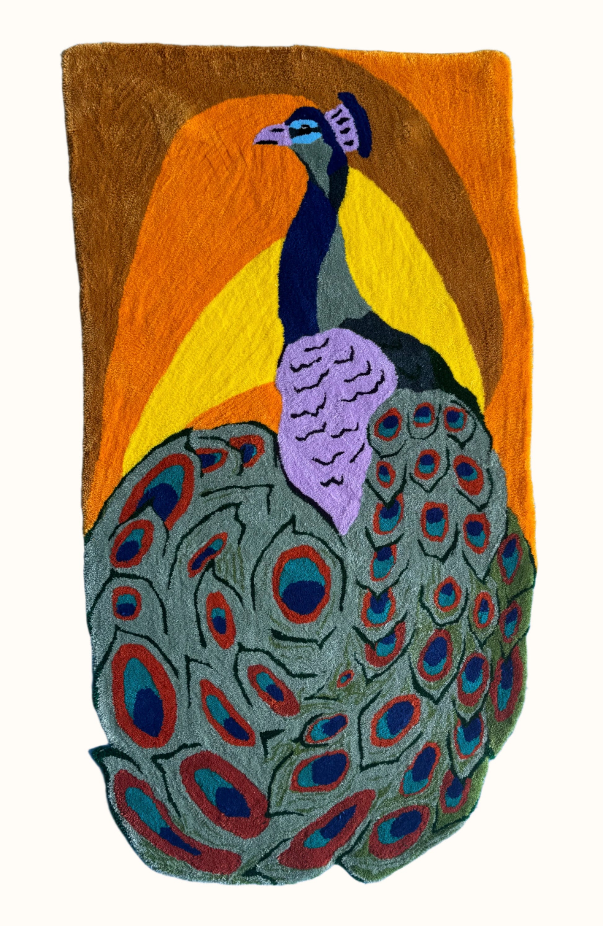 Decorative peacock wall art with vibrant colors on a plain background