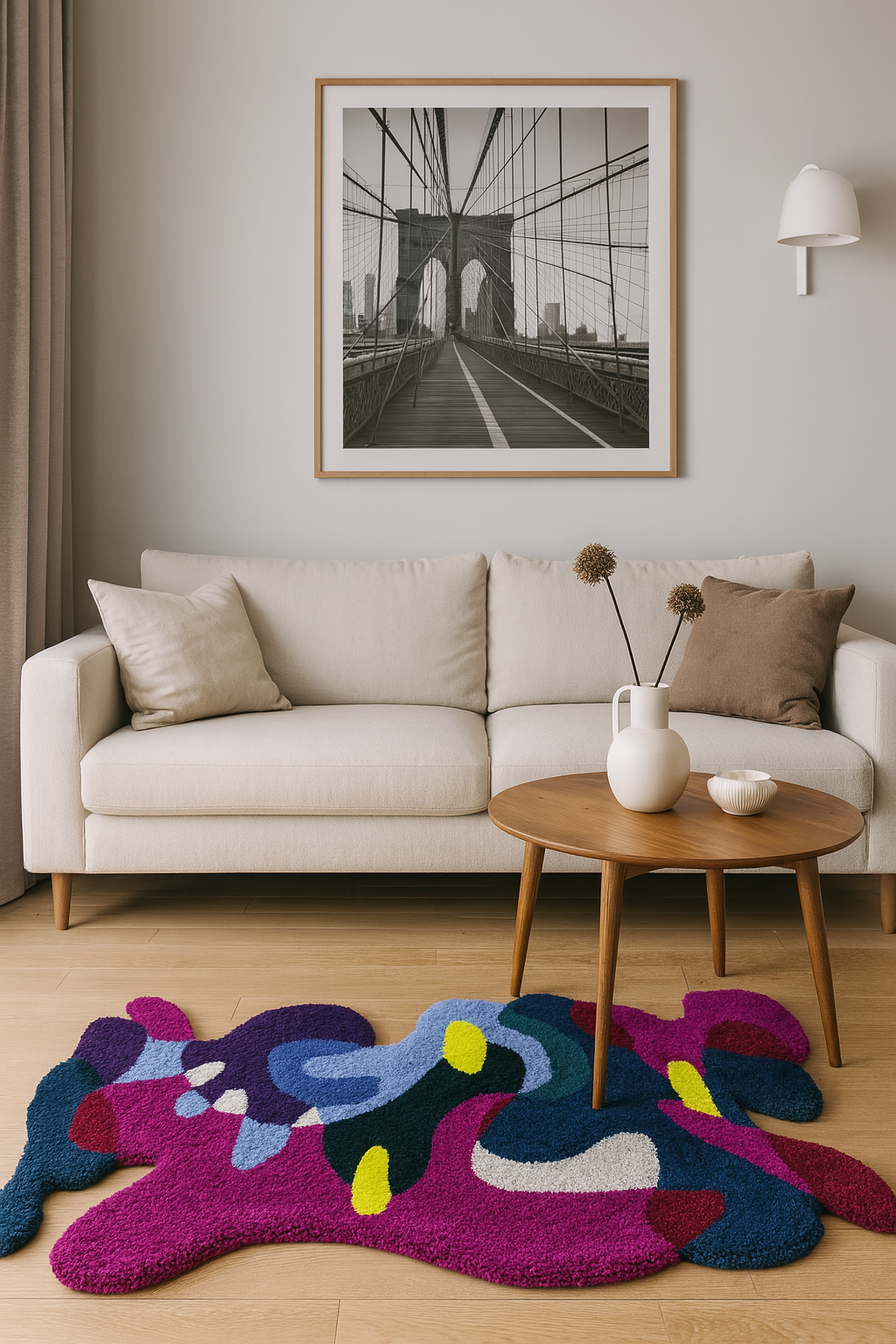 Living room with a colorful abstract handmade rug.
