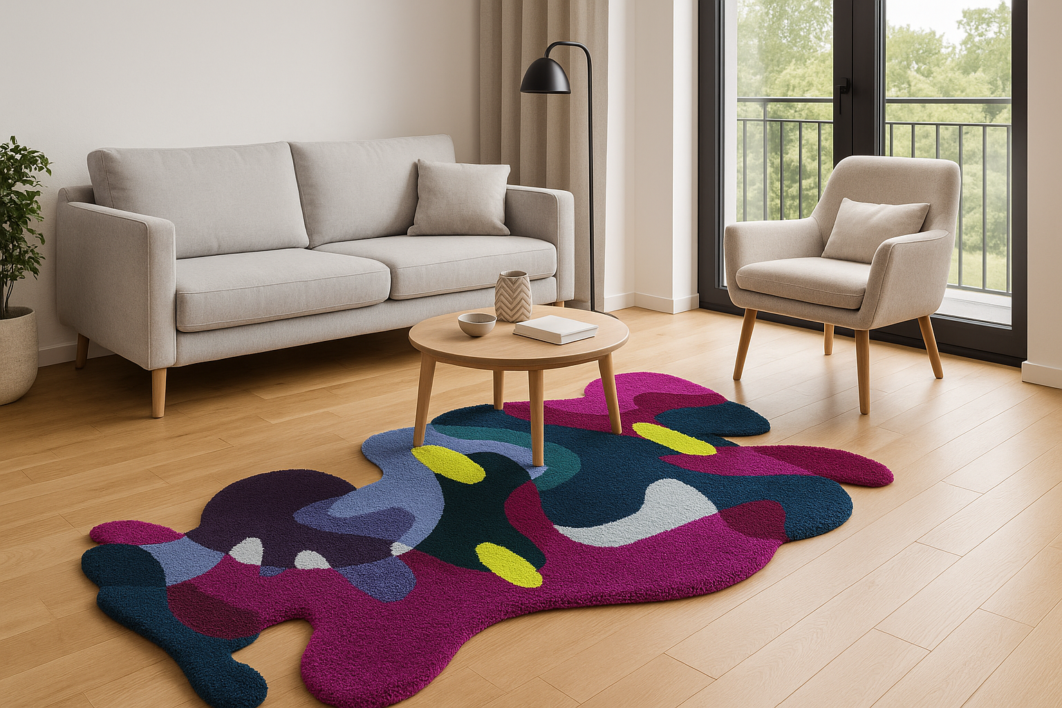 Modern living room with a colorful abstract rug on wooden flooring.