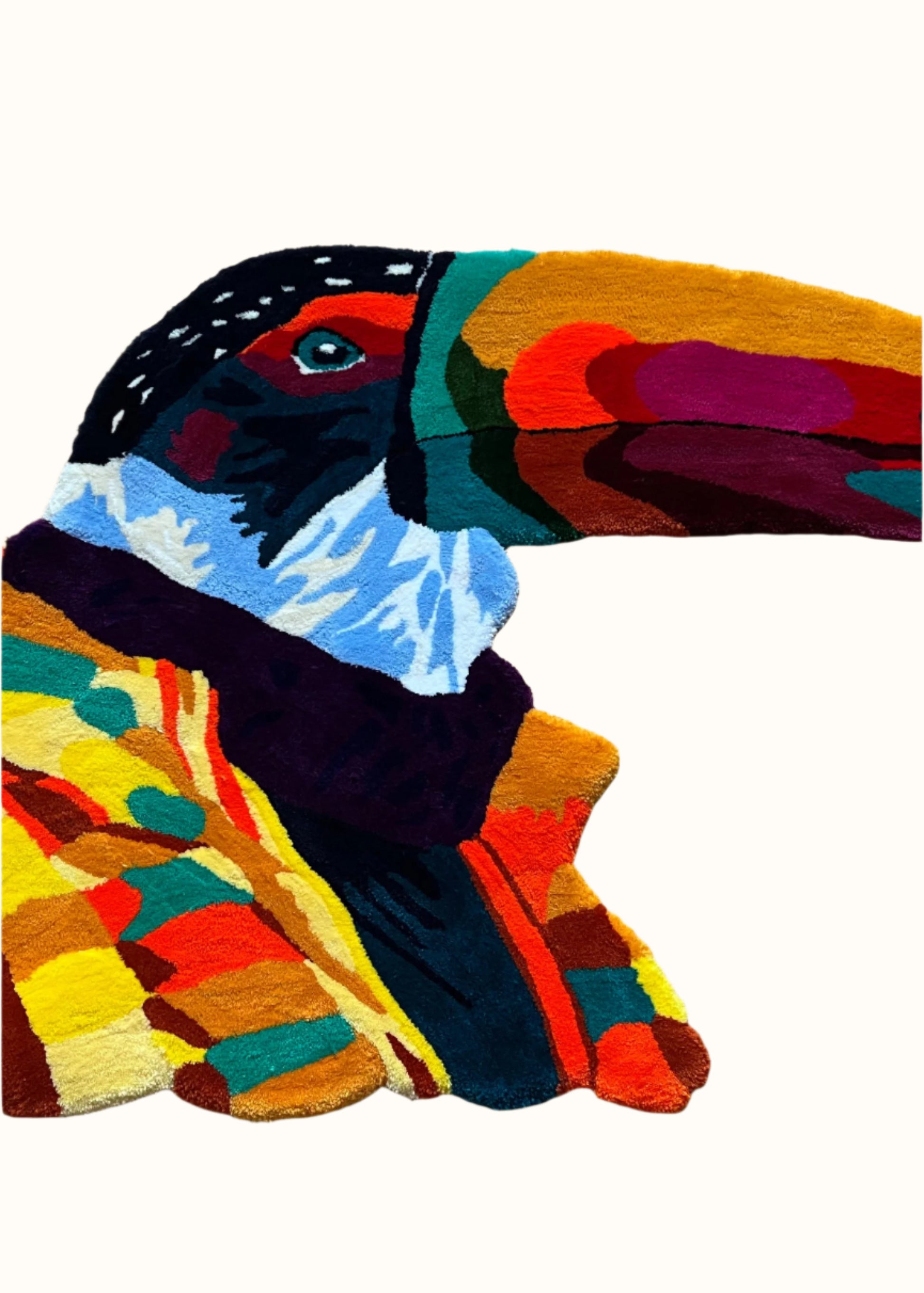 Colorful toucan-shaped rug on a wooden floor