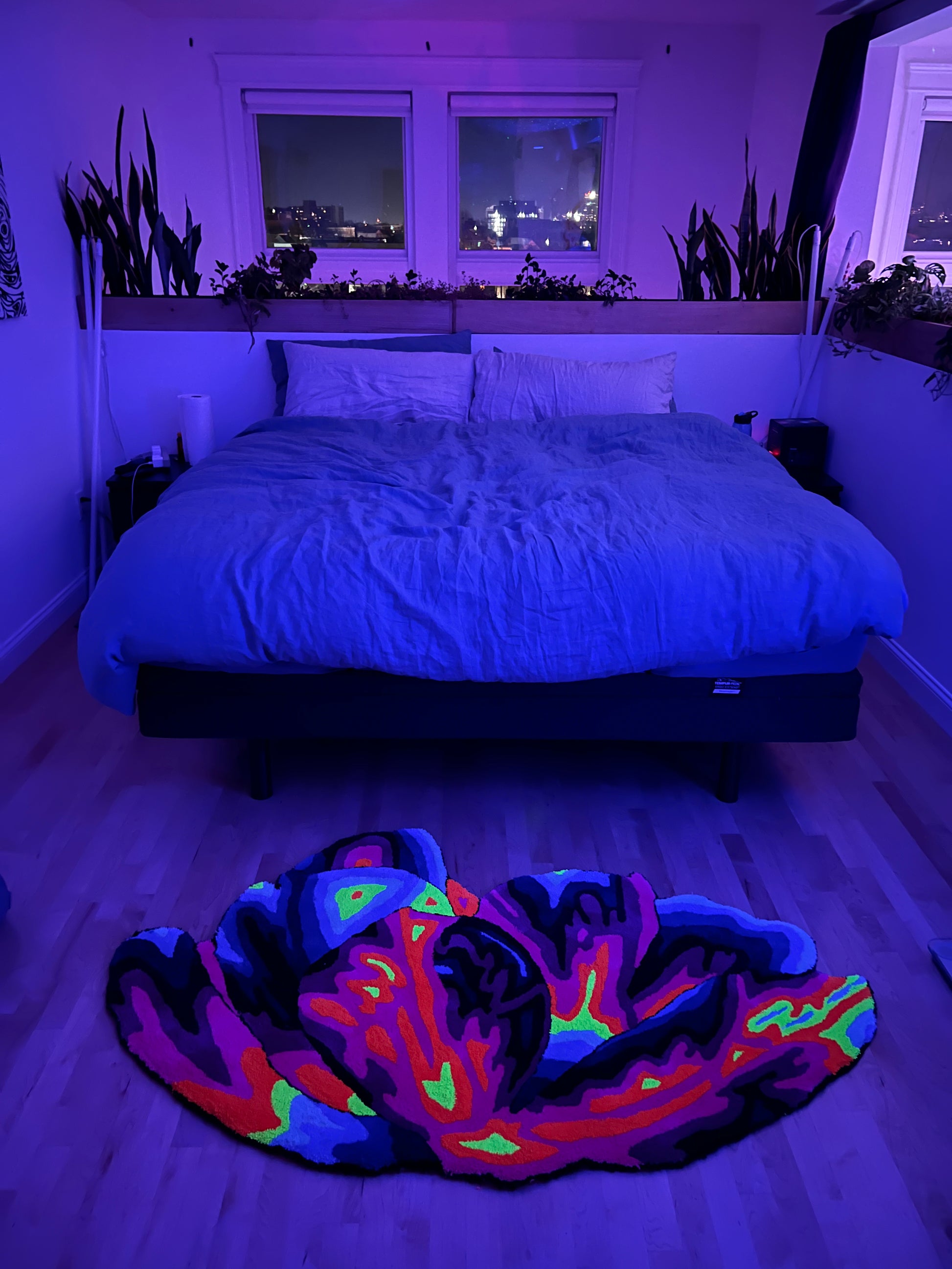 Bedroom with a colorful rug on the floor under deep blue or violet light making neon color pop. 