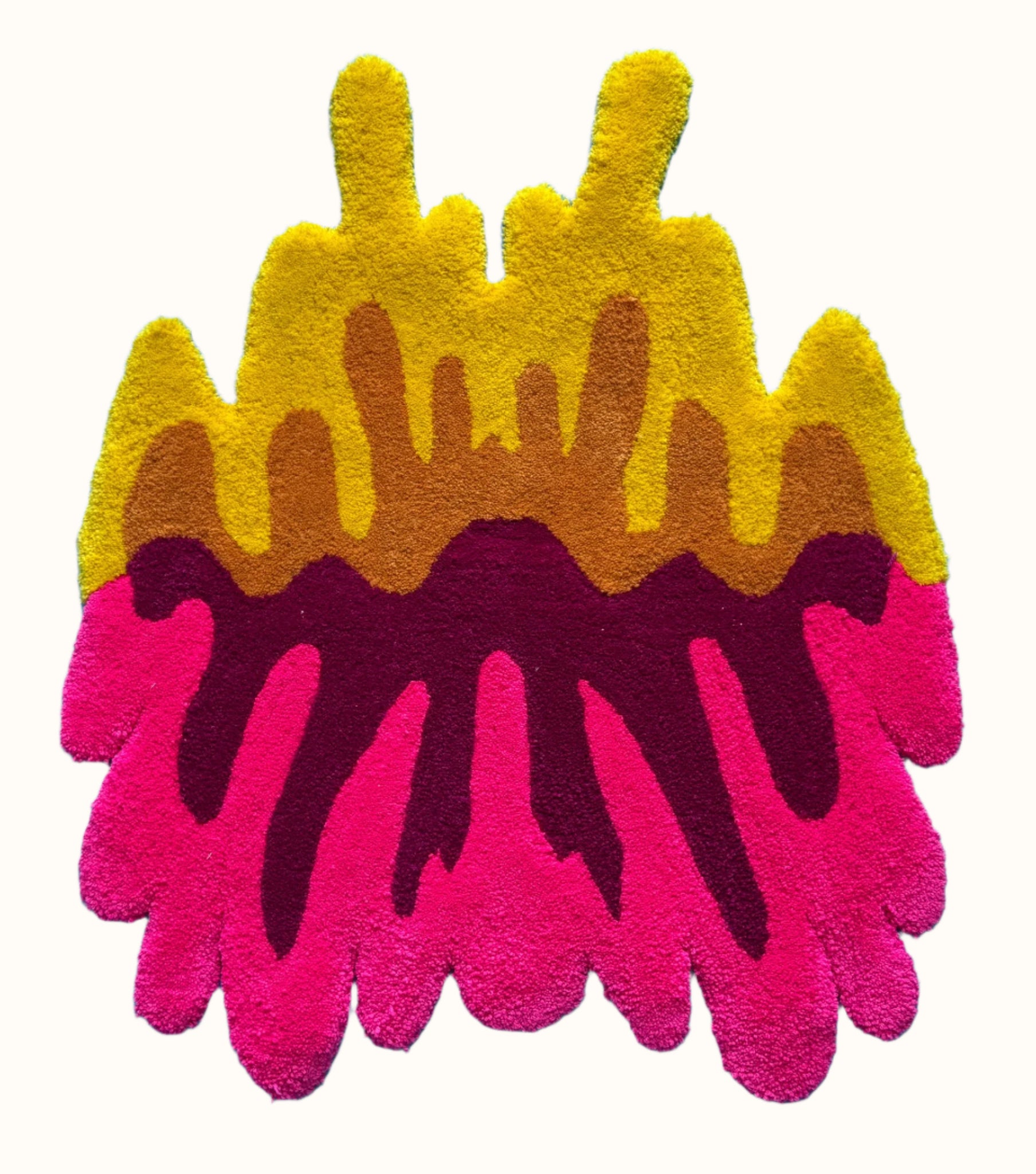 Colorful abstract rug with pink and yellow patterns on a blue background