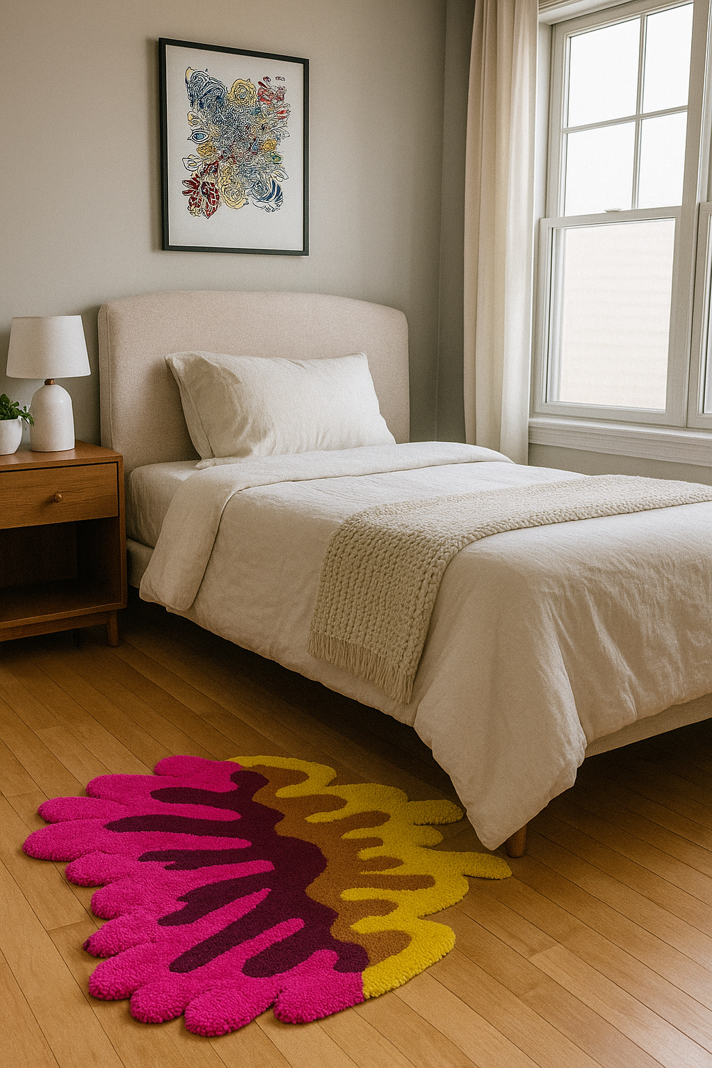 Bedroom with a colorful rug on the floor in front of a bed.